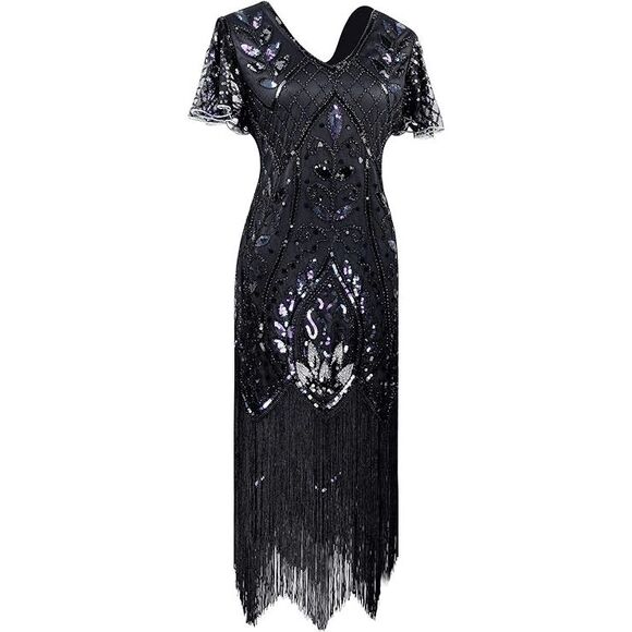 ✨ Flapper Great Gatsby 1920s Retro Tassel Fringe Sequin Midi Black Dress XL NEW - Picture 2 of 9